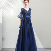 Blue V-Neck Tulle Lace Long Prom Dress, Elegant A-Line Evening Dress - Thumbnail 4