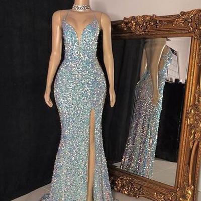 Simple mermaid sequins sleeveless split prom dresses - Thumbnail 3