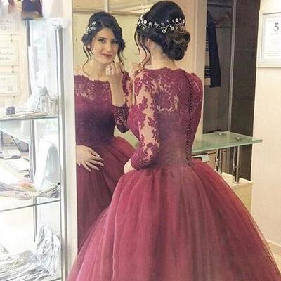 Floor length wine red lace prom dress with long sleeves  - Thumbnail 3