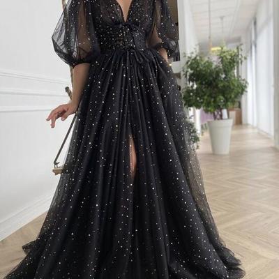 Shiny black v neck long prom dress - Thumbnail 3