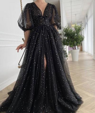 Shiny Black V Neck Long Prom Dress