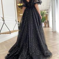 Shiny Black V Neck Long Prom Dress - Thumbnail 1
