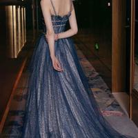 Sexy A line Straps Blue Tulle Evening Dresses - Thumbnail 1
