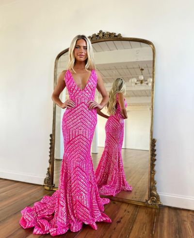 Fashion Mermaid V Neck Hot Pink Sequins Long Prom Dresses