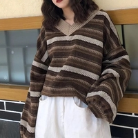 Brown Stripe V Neck Sweater  - Thumbnail 1