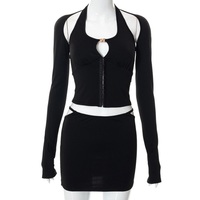 Black Hollow Out Tank Top + Sleeve + Mini Skirt Set - Thumbnail 6