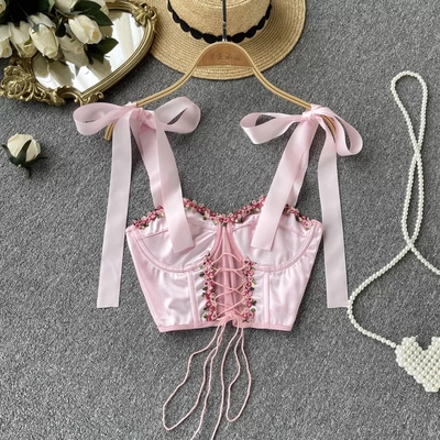 Pink rose lace up bustier top - Thumbnail 2