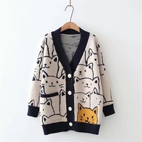 Cat Print V Neck Sweater - Thumbnail 1