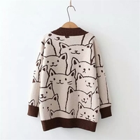 Cat Print V Neck Sweater - Thumbnail 4