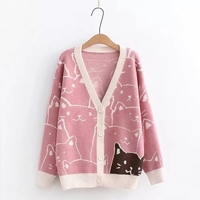 Cat Print V Neck Sweater - Thumbnail 5