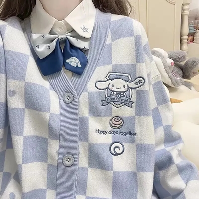 Japanese Anime Embroidery Checkboard Sweater