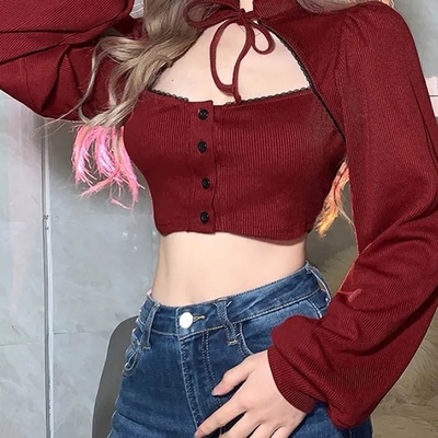 Red v neck puff long sleeve shirt  - Thumbnail 3