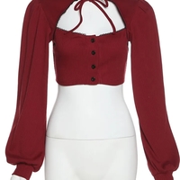 Red V Neck Puff Long Sleeve Shirt  - Thumbnail 2