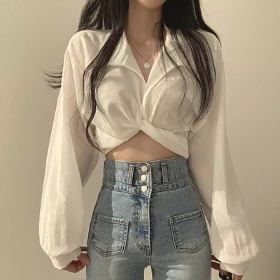 White Chic Cropped Long Sleeve Shirt 