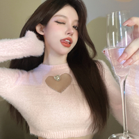 Heart Hollow Out Crystal Stud Long Sleeve Top - Thumbnail 5