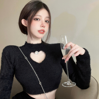 Heart Hollow Out Crystal Stud Long Sleeve Top - Thumbnail 7