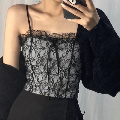 Black Lace Backless Patchwork Camisole 