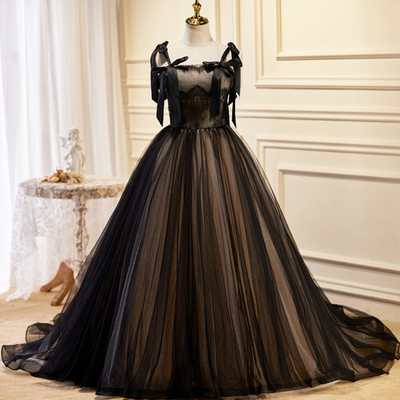 Black tulle lace long prom gown, black a-line evening dress - Thumbnail 3