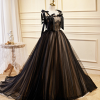 Black Tulle Lace Long Prom Gown, Black A-Line Evening Dress - Thumbnail 1