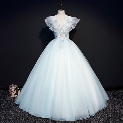 Blue v-neck tulle lace long prom dress, a-line evening gown - Thumbnail 3