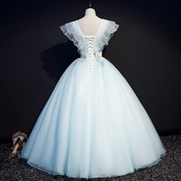 Blue V-Neck Tulle Lace Long Prom Dress, A-Line Evening Gown - Thumbnail 3