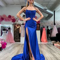 Cute Mermaid Strapless Royal Blue Satin Prom Dresses - Thumbnail 1