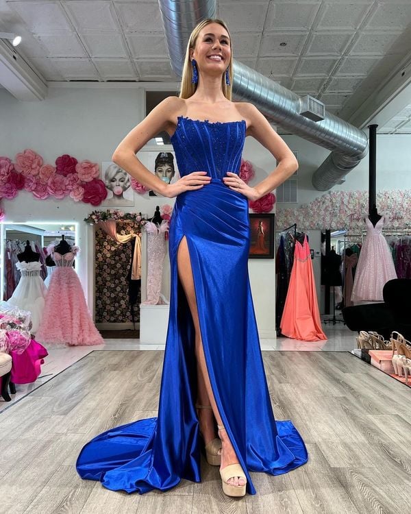 Cute Mermaid Strapless Royal Blue Satin Prom Dresses