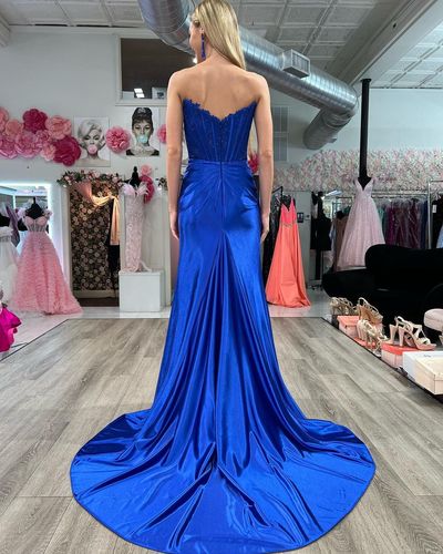 Cute Mermaid Strapless Royal Blue Satin Prom Dresses