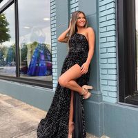 SP1515,Sparkle A-Line Sequin Long Prom Dresses,One Shoulder Black Split Evening Dresses - Thumbnail 1