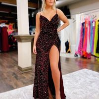 SP1562,Stunning A Line V Neck Sequins Dark Green Prom Dress with Slit - Thumbnail 1