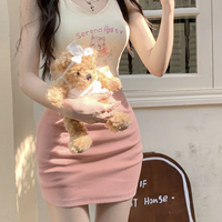 Hot Sexy Girl Kitty Cat Cream Color Halter Neck Camisole Jacket Pink Mini Skirt Three Piece Set - Thumbnail 2