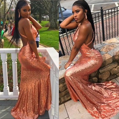 V Neck Mermaid Prom Dresses Sequins Long