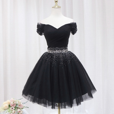 Black tulle beaded short prom dress, black off shoulder party dress - Thumbnail 2