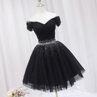 Black Tulle Beaded Short Prom Dress, Black Off Shoulder Party Dress - Thumbnail 1