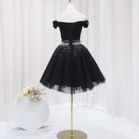 Black Tulle Beaded Short Prom Dress, Black Off Shoulder Party Dress - Thumbnail 2