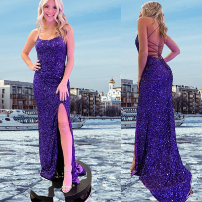 Grape prom dresses slit side criss cross pd8p - Thumbnail 4