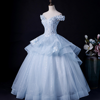 Blue Tulle Lace Long Prom Dress, Off Shoulder Evening Formal Gown - Thumbnail 1
