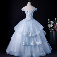 Blue Tulle Lace Long Prom Dress, Off Shoulder Evening Formal Gown - Thumbnail 3