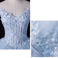 Blue Tulle Lace Long Prom Dress, Off Shoulder Evening Formal Gown - Thumbnail 2