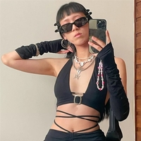 Black Metal Buckle Halter Top with Sleeves  - Thumbnail 4