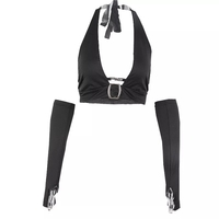 Black Metal Buckle Halter Top with Sleeves  - Thumbnail 5
