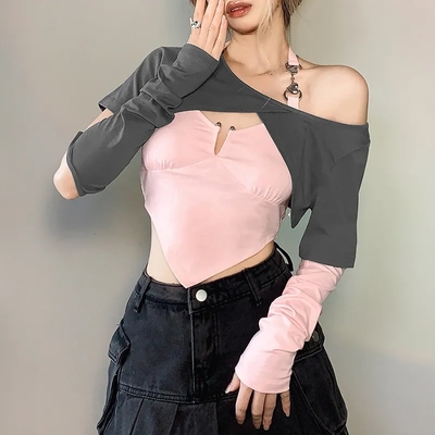 2pcs sweet pink irregular wrap off shoulder short sleeve shirt  - Thumbnail 5