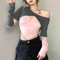 2PCS Sweet Pink Irregular Wrap Off Shoulder Short Sleeve Shirt  - Thumbnail 2