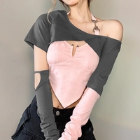 2PCS Sweet Pink Irregular Wrap Off Shoulder Short Sleeve Shirt  - Thumbnail 3