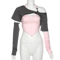 2PCS Sweet Pink Irregular Wrap Off Shoulder Short Sleeve Shirt  - Thumbnail 5