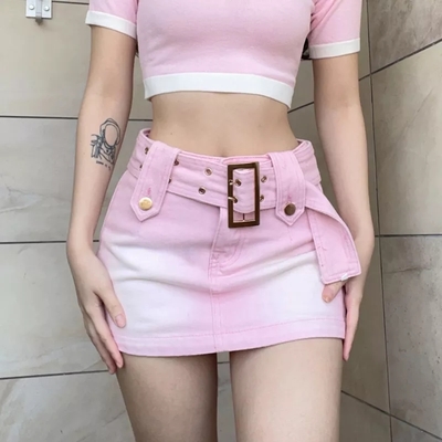 Pink denim low waist belt a-line skirt - Thumbnail 4