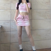 Pink Denim Low Waist Belt A-Line Skirt - Thumbnail 3