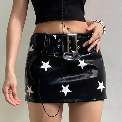Black pu glossy star print mini skirt - Thumbnail 4