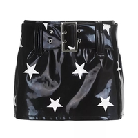 Black PU Glossy Star Print Mini Skirt - Thumbnail 3