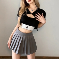 Black Punk Square Collar Short Sleeve Shirt  - Thumbnail 4